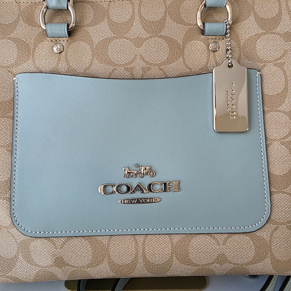 Coach Emma Satchel Crossbody Signature Coated Canvas Light Blue Leather Accents - Picture 9 of 15